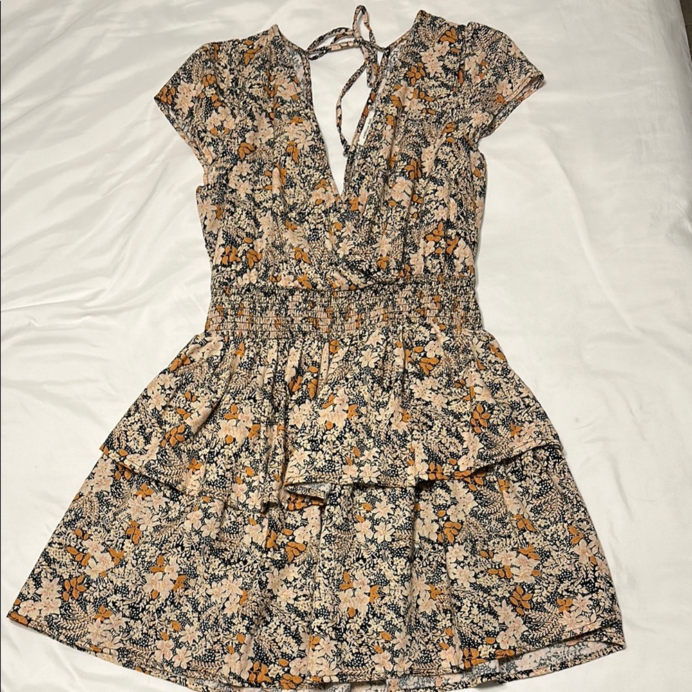 American Eagle Outfitters Cream and Brown Mini Sundress with Plunge Neckline